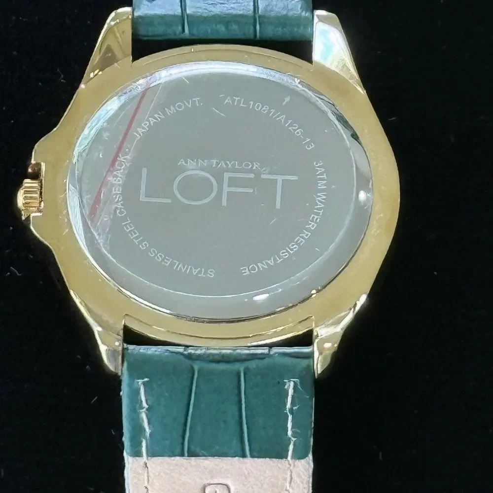 LOFT Gold Tone Green Croc Leather Band Watch Mother Of Pearl Face NWOT